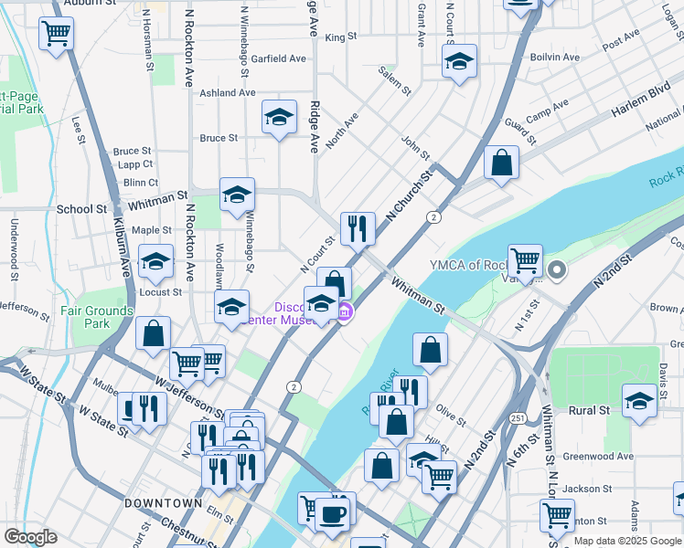 map of restaurants, bars, coffee shops, grocery stores, and more near 829 North Court Street in Rockford
