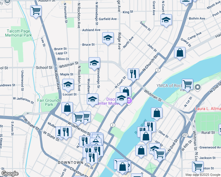 map of restaurants, bars, coffee shops, grocery stores, and more near 718 North Court Street in Rockford