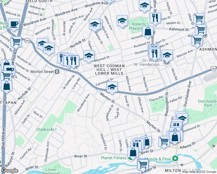 map of restaurants, bars, coffee shops, grocery stores, and more near 27 Wilmington Avenue in Boston