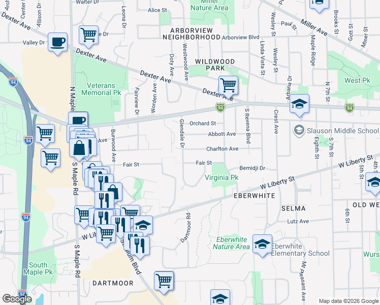 map of restaurants, bars, coffee shops, grocery stores, and more near 1811 Charlton Avenue in Ann Arbor