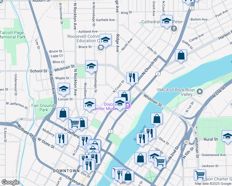 map of restaurants, bars, coffee shops, grocery stores, and more near 426 Fisher Avenue in Rockford