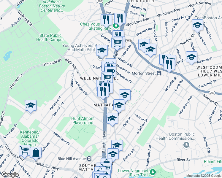 map of restaurants, bars, coffee shops, grocery stores, and more near 15 Fessenden Street in Boston