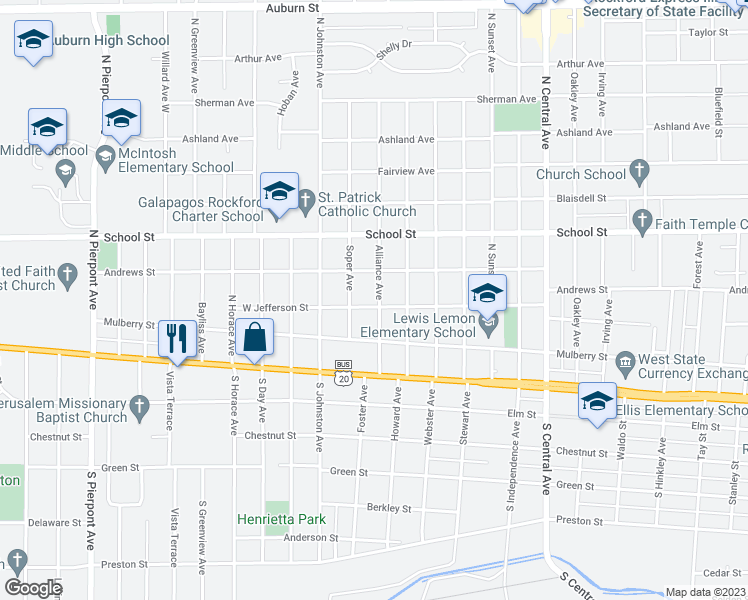 map of restaurants, bars, coffee shops, grocery stores, and more near 2303 West Jefferson Street in Rockford