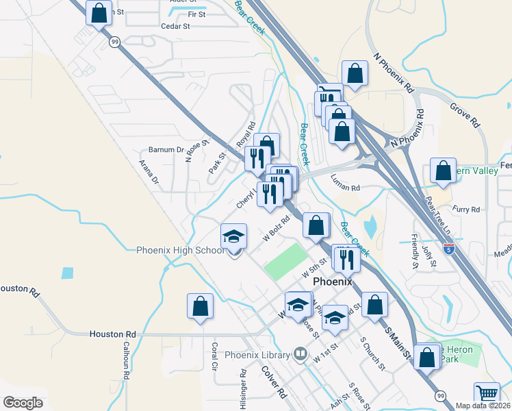 map of restaurants, bars, coffee shops, grocery stores, and more near 101 Cheryl Lane in Phoenix