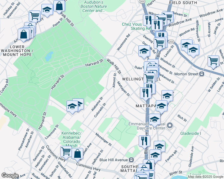 map of restaurants, bars, coffee shops, grocery stores, and more near 170 Almont St in Boston
