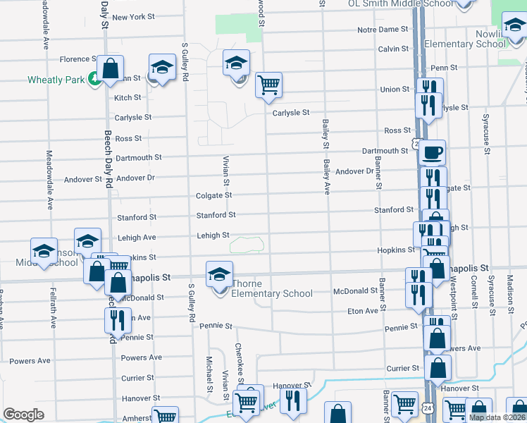 map of restaurants, bars, coffee shops, grocery stores, and more near 4147 Westlake Street in Dearborn Heights
