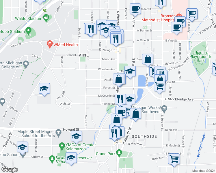 map of restaurants, bars, coffee shops, grocery stores, and more near 614 Forest Street in Kalamazoo
