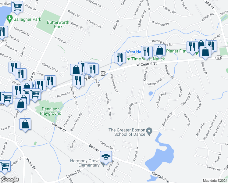 map of restaurants, bars, coffee shops, grocery stores, and more near 21 Homeward Lane in Natick