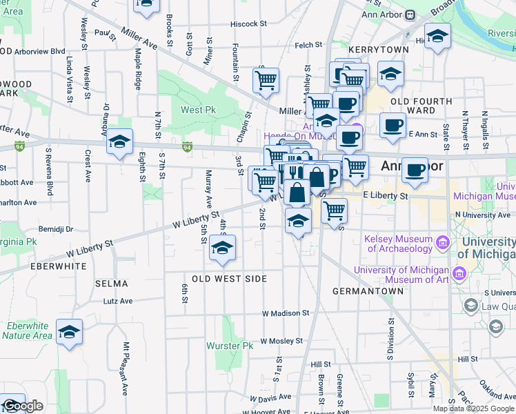 map of restaurants, bars, coffee shops, grocery stores, and more near 403 West Liberty Street in Ann Arbor