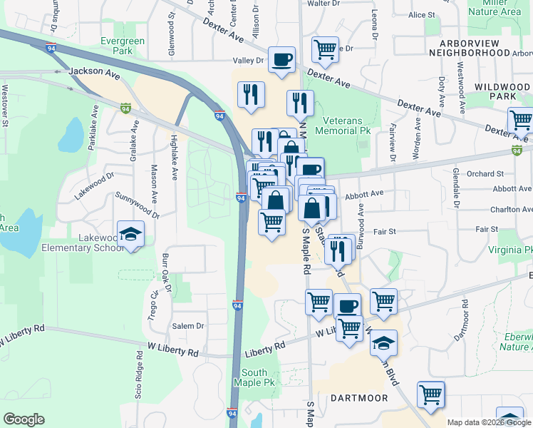 map of restaurants, bars, coffee shops, grocery stores, and more near 2513 Jackson Avenue in Ann Arbor
