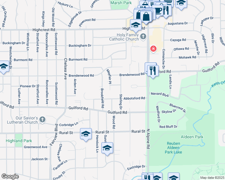 map of restaurants, bars, coffee shops, grocery stores, and more near 1011 Mayfair Place in Rockford