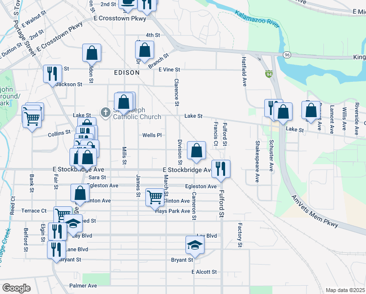 map of restaurants, bars, coffee shops, grocery stores, and more near 1503 Washington Avenue in Kalamazoo