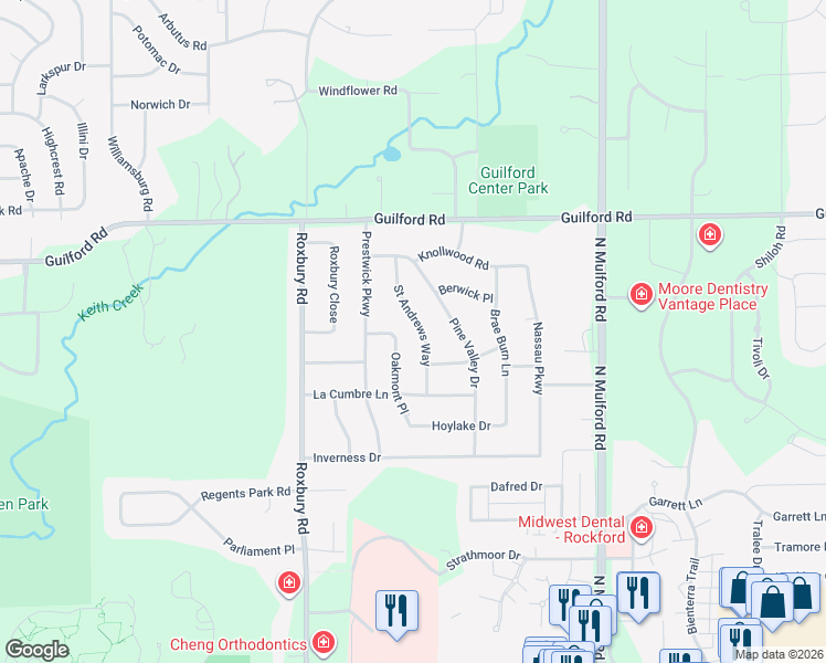 map of restaurants, bars, coffee shops, grocery stores, and more near 1014 Saint Andrews Way in Rockford