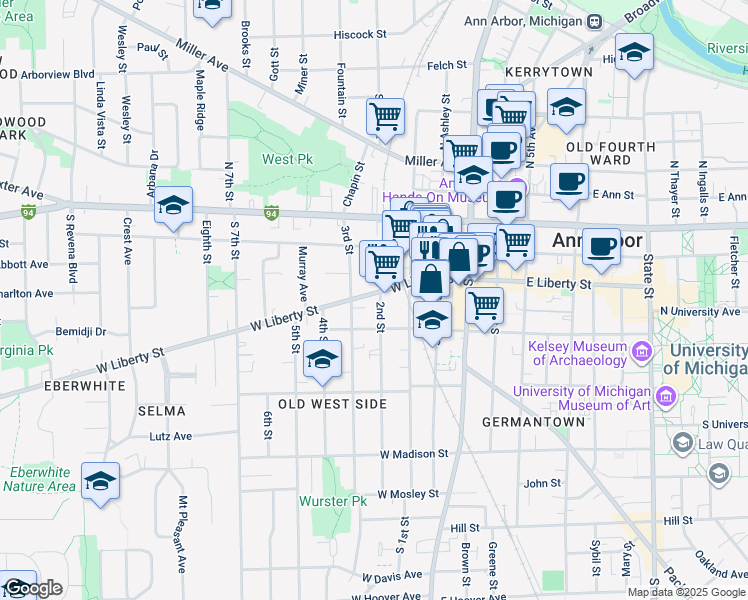 map of restaurants, bars, coffee shops, grocery stores, and more near 403 West Liberty Street in Ann Arbor