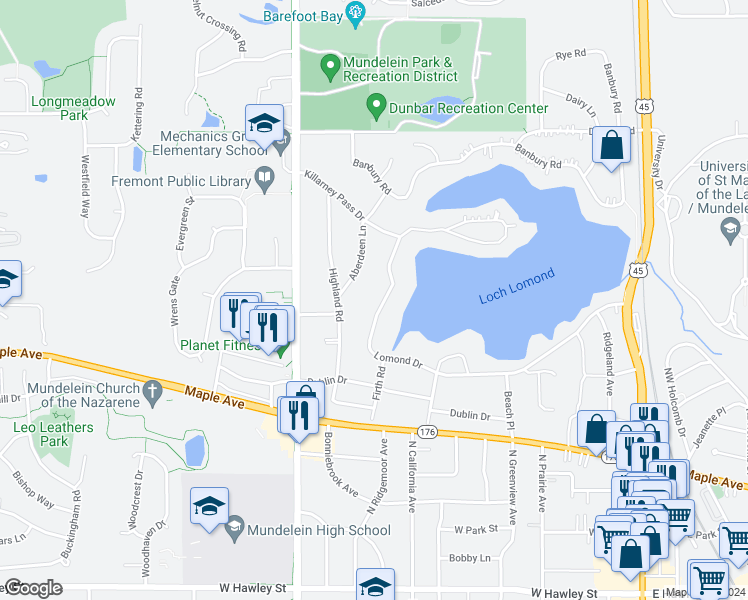 map of restaurants, bars, coffee shops, grocery stores, and more near 1006 Lomond Drive in Mundelein