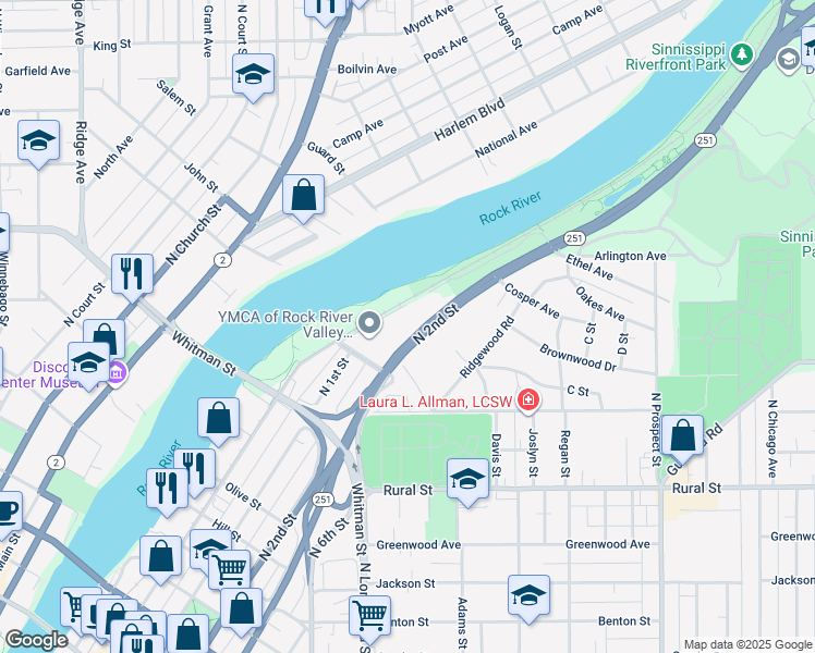 map of restaurants, bars, coffee shops, grocery stores, and more near 946 North 2nd Street in Rockford