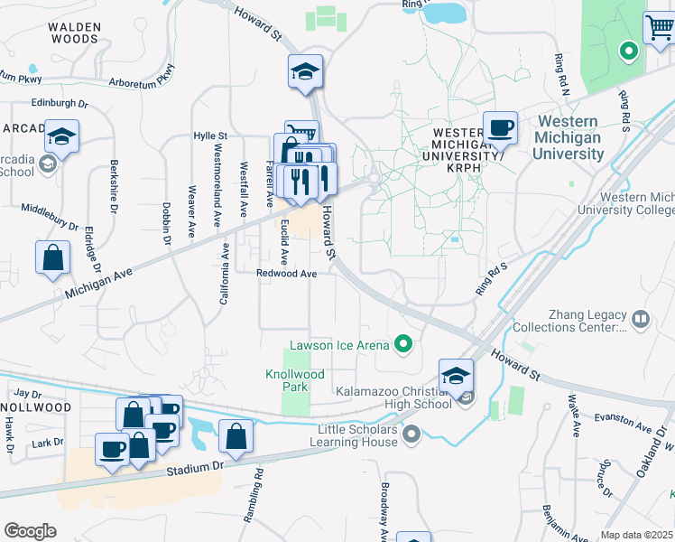 map of restaurants, bars, coffee shops, grocery stores, and more near 1229 Knollwood Avenue in Kalamazoo