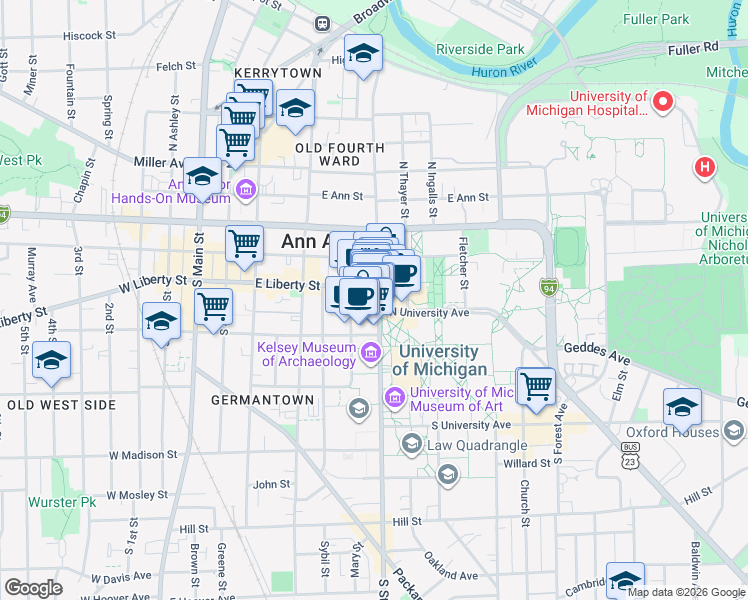 map of restaurants, bars, coffee shops, grocery stores, and more near 308 1/2 South State Street in Ann Arbor