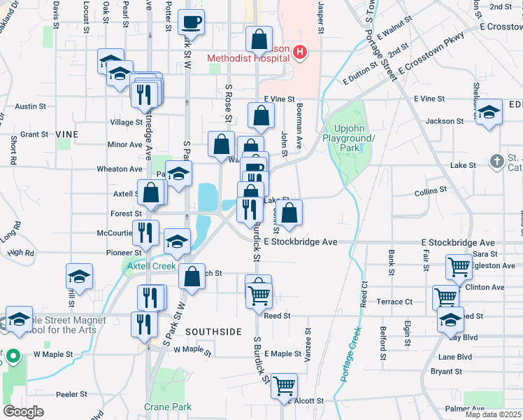 map of restaurants, bars, coffee shops, grocery stores, and more near 1211 South Burdick Street in Kalamazoo