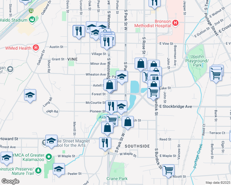 map of restaurants, bars, coffee shops, grocery stores, and more near 432 Forest Street in Kalamazoo