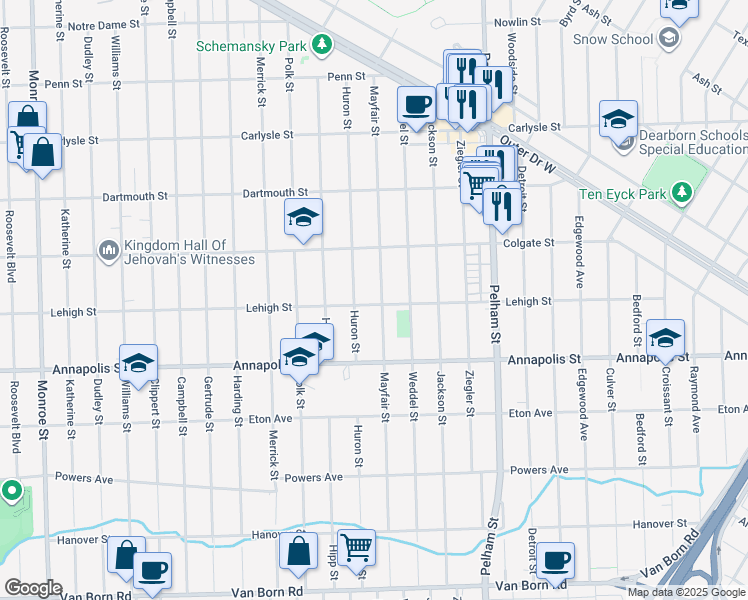 map of restaurants, bars, coffee shops, grocery stores, and more near 4256 Mayfair Street in Dearborn Heights