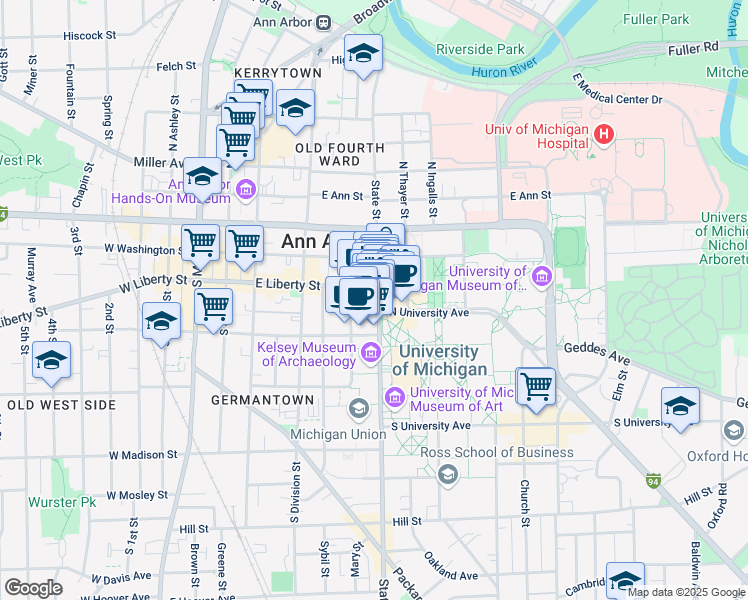 map of restaurants, bars, coffee shops, grocery stores, and more near 311 South State Street in Ann Arbor