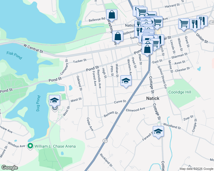 map of restaurants, bars, coffee shops, grocery stores, and more near 40 High Street in Natick