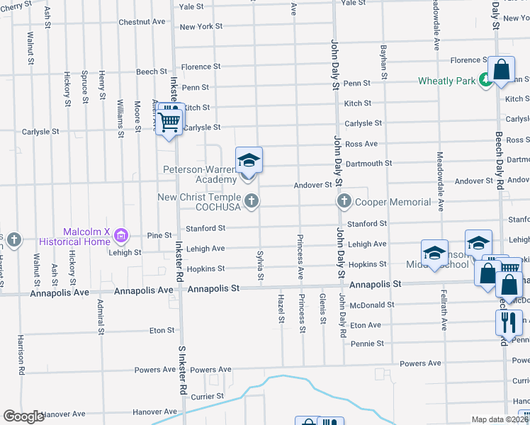 map of restaurants, bars, coffee shops, grocery stores, and more near 26981 Colgate Street in Inkster