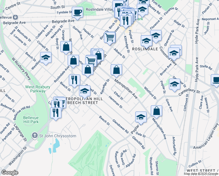 map of restaurants, bars, coffee shops, grocery stores, and more near 123 Augustus Avenue in Boston