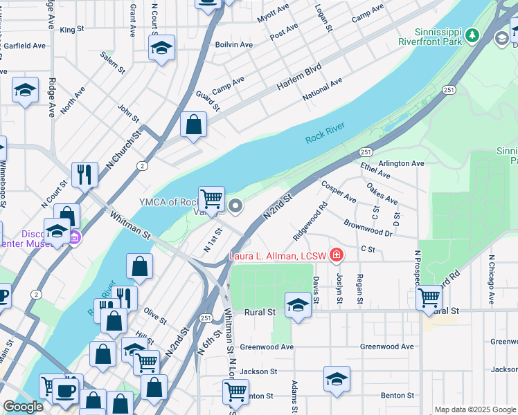 map of restaurants, bars, coffee shops, grocery stores, and more near 946 North 2nd Street in Rockford