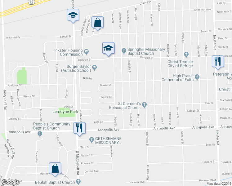 map of restaurants, bars, coffee shops, grocery stores, and more near 4075 Irene St in Inkster