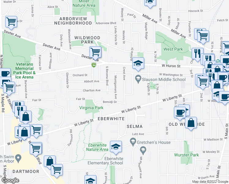 map of restaurants, bars, coffee shops, grocery stores, and more near 400 Montgomery Avenue in Ann Arbor