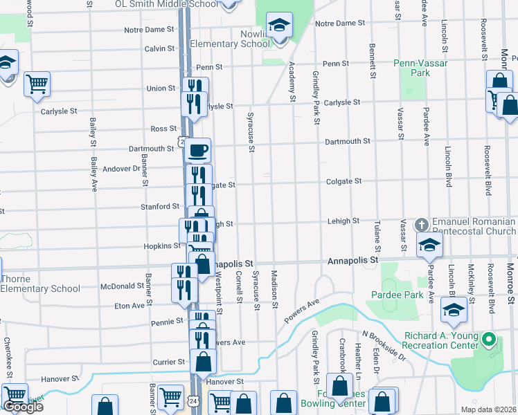 map of restaurants, bars, coffee shops, grocery stores, and more near 4171 Syracuse Street in Dearborn Heights
