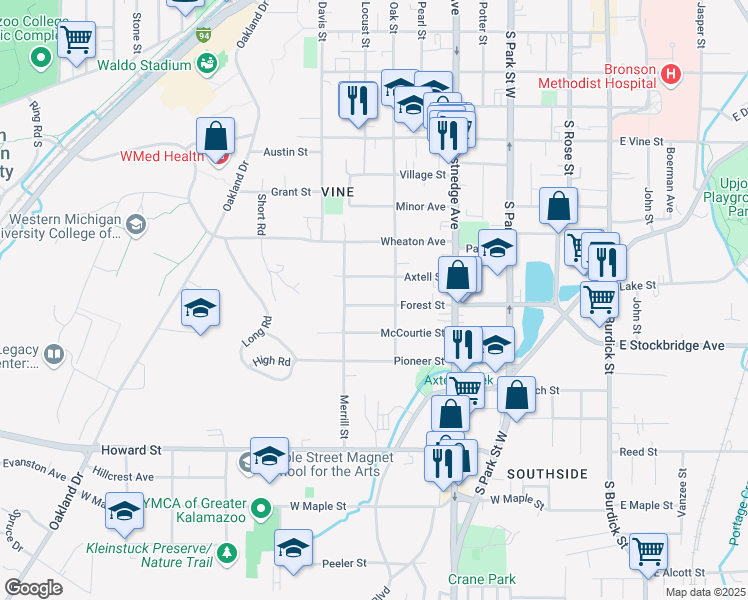 map of restaurants, bars, coffee shops, grocery stores, and more near 720 Forest Street in Kalamazoo