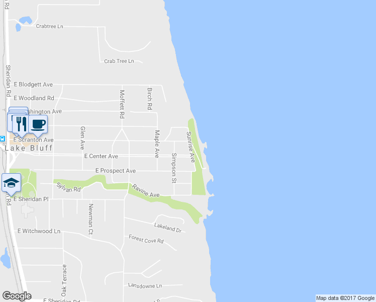 map of restaurants, bars, coffee shops, grocery stores, and more near 552 Sunrise Avenue in Lake Bluff