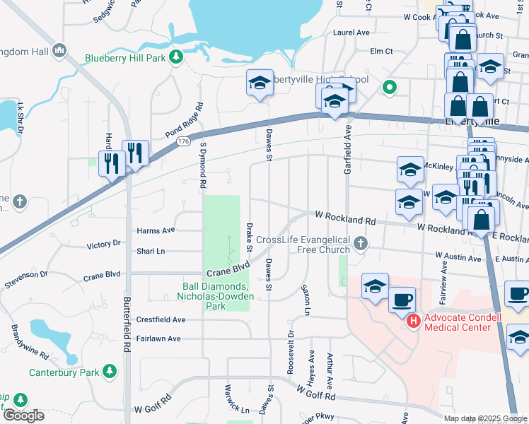 map of restaurants, bars, coffee shops, grocery stores, and more near 513 Dawes Street in Libertyville