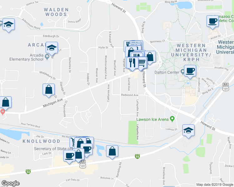 map of restaurants, bars, coffee shops, grocery stores, and more near 2918 Redwood Avenue in Kalamazoo