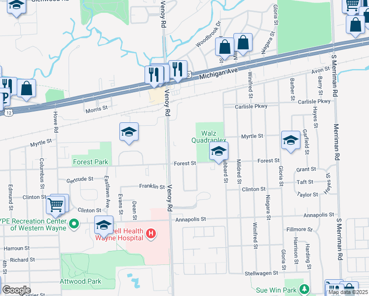 map of restaurants, bars, coffee shops, grocery stores, and more near 3999 Venoy Road in Wayne