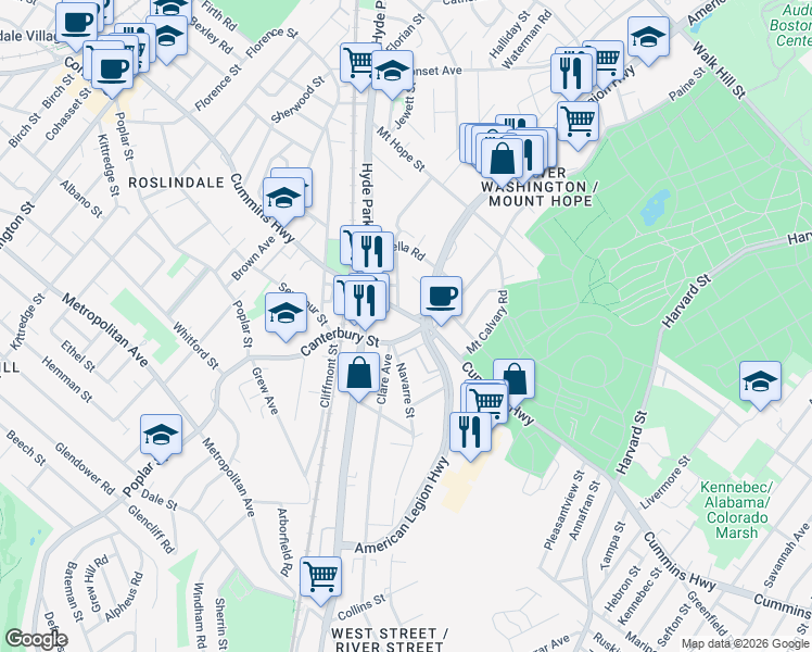 map of restaurants, bars, coffee shops, grocery stores, and more near 945 Canterbury Street in Boston