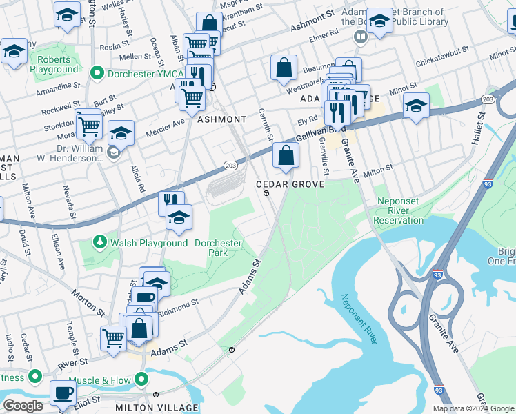 map of restaurants, bars, coffee shops, grocery stores, and more near 59 Hillsdale Street in Boston