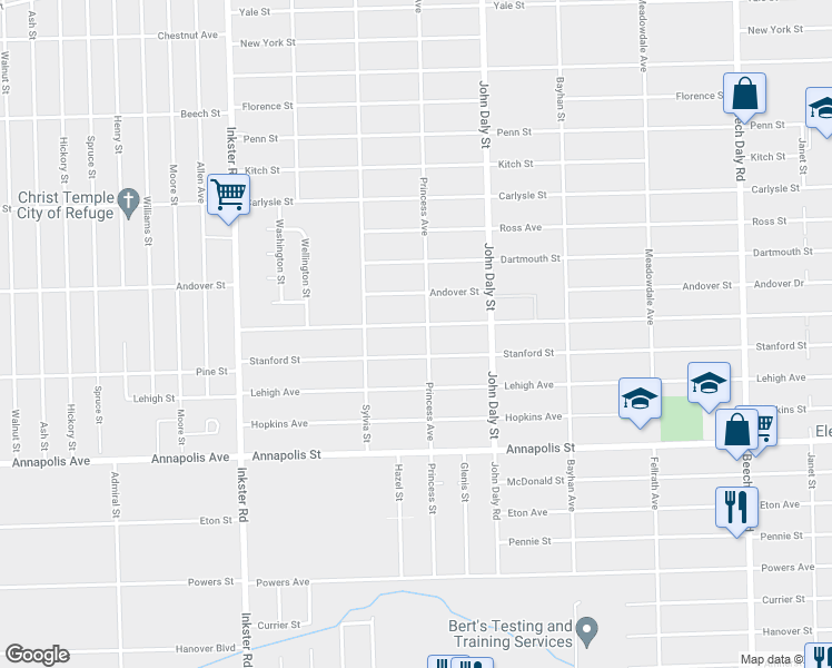 map of restaurants, bars, coffee shops, grocery stores, and more near 26835 Colgate Street in Inkster