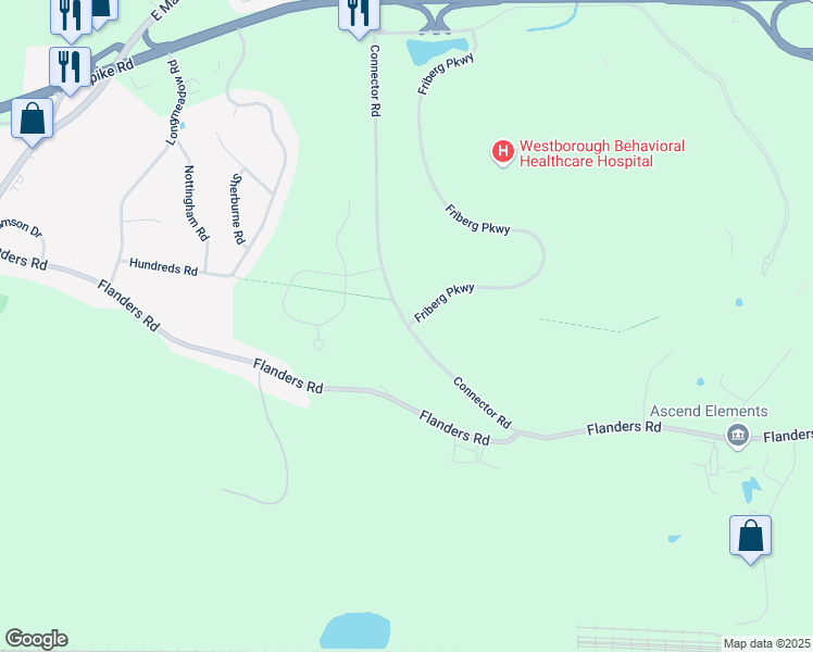 map of restaurants, bars, coffee shops, grocery stores, and more near 101 Connector Road in Westborough