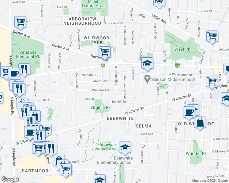 map of restaurants, bars, coffee shops, grocery stores, and more near 402 South Revena Boulevard in Ann Arbor