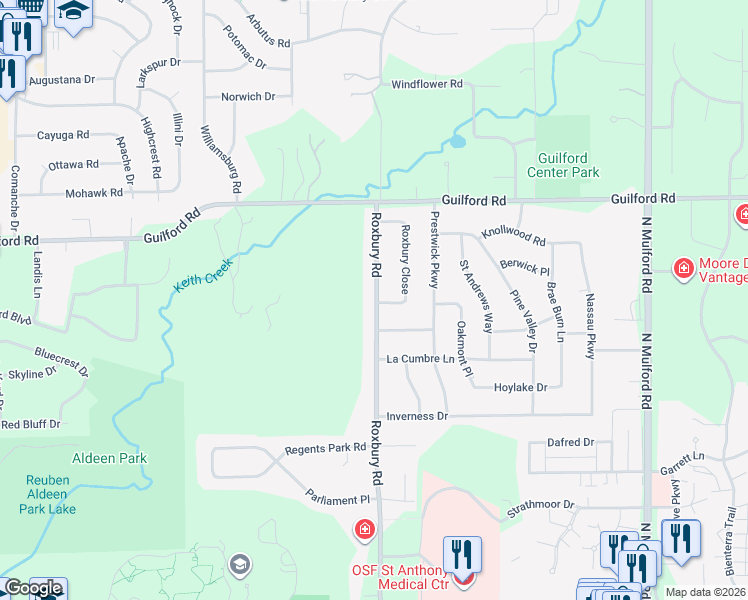 map of restaurants, bars, coffee shops, grocery stores, and more near 1046 Roxbury Close in Rockford