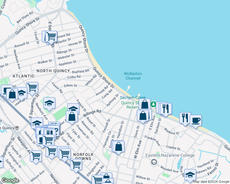 map of restaurants, bars, coffee shops, grocery stores, and more near 621 Quincy Shore Drive in Quincy