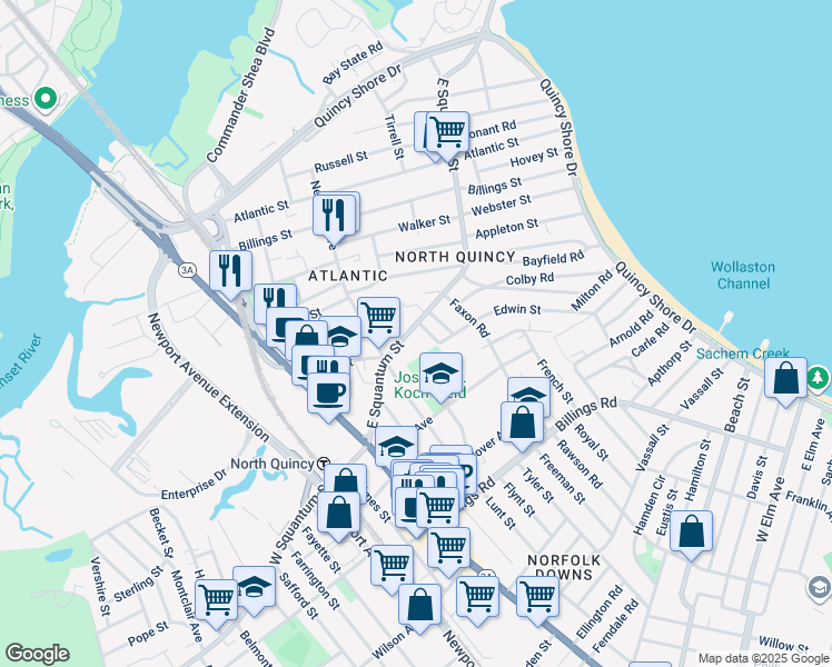 map of restaurants, bars, coffee shops, grocery stores, and more near 92 East Squantum Street in Quincy