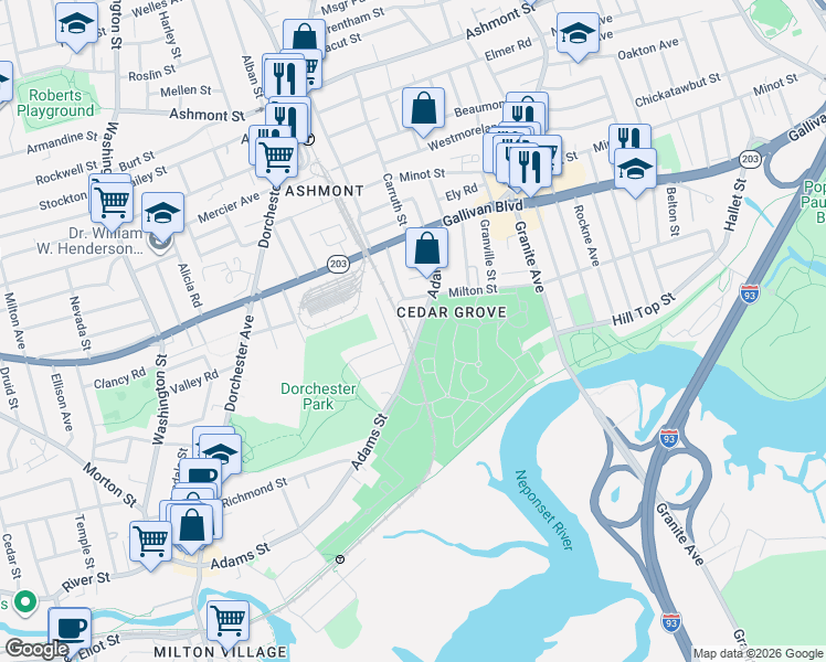 map of restaurants, bars, coffee shops, grocery stores, and more near 949 Adams Street in Boston