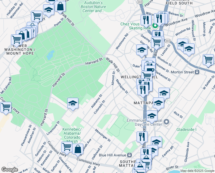 map of restaurants, bars, coffee shops, grocery stores, and more near 170 Almont Street in Boston
