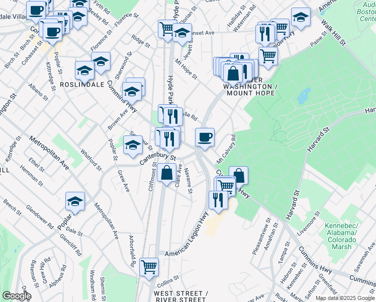 map of restaurants, bars, coffee shops, grocery stores, and more near 307 Cummins Highway in Boston