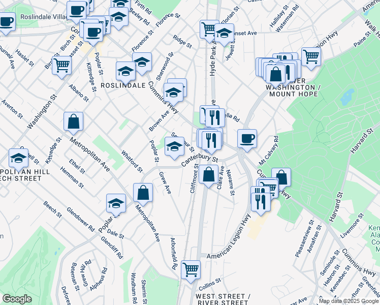 map of restaurants, bars, coffee shops, grocery stores, and more near 75 Seymour Street in Boston
